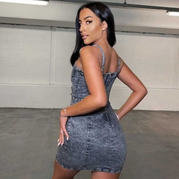 Gray Acid Wash Denim Jeans Sleeveless Bodycon Mini Dress - Picture 11 of 11